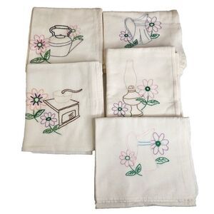 Vintage Hand Embroidered Tea Towels Kitchen Lot 5 Kettle Coffee Lot 5 Muslin